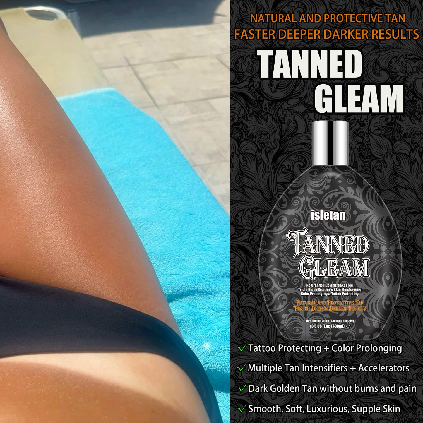 isletan Tanned Gleam Indoor Tanning Bed Lotion Accelerator with Bronzer Outdoor/Indoor Bronzing Tanning Lotion